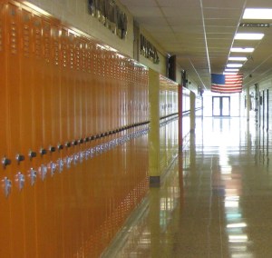 school hallway with American Flag